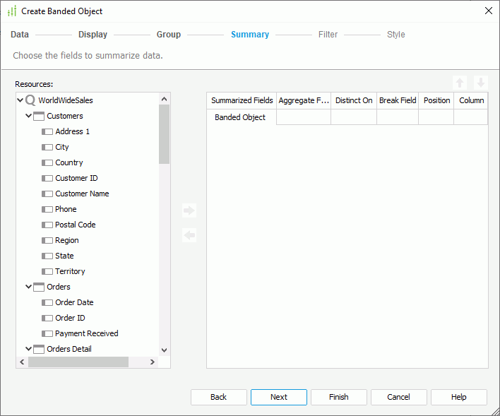 Create Banded Object wizard - Summary