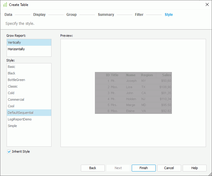 Create Table wizard - Style