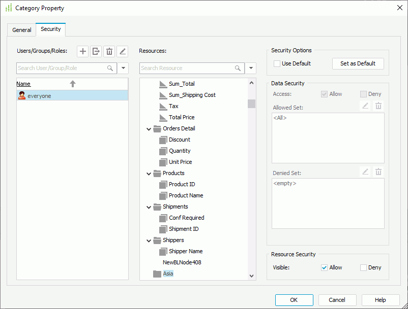 Category Property dialog box - Security