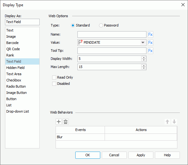 Display Type dialog box - Text Field