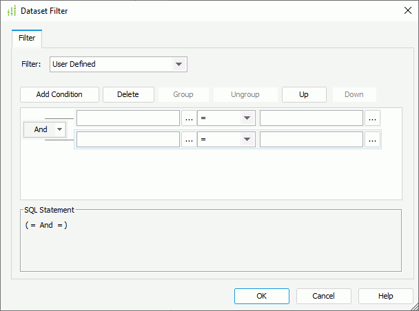 Dataset Filter dialog box - Business View Based