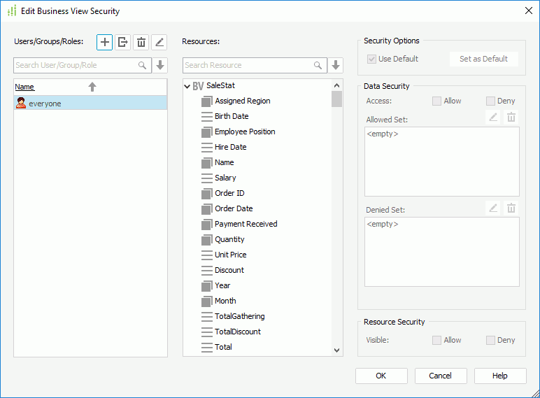 Business View Security dialog box