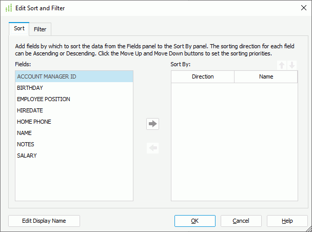 Edit Sort and Filter dialog box - Sort