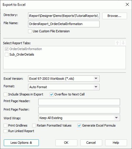 Export to Excel dialog box