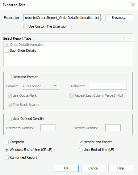 Export to Text dialog box