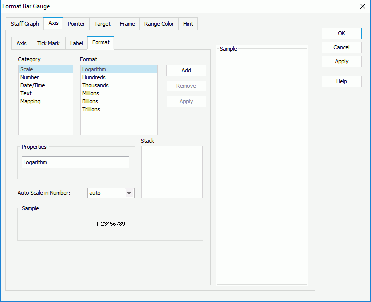 Format Bar Gauge dialog box - Axis - Format