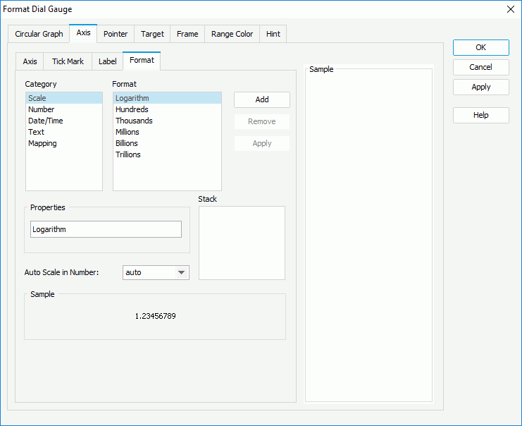 Format Dial Gauge dialog box - Axis - Format