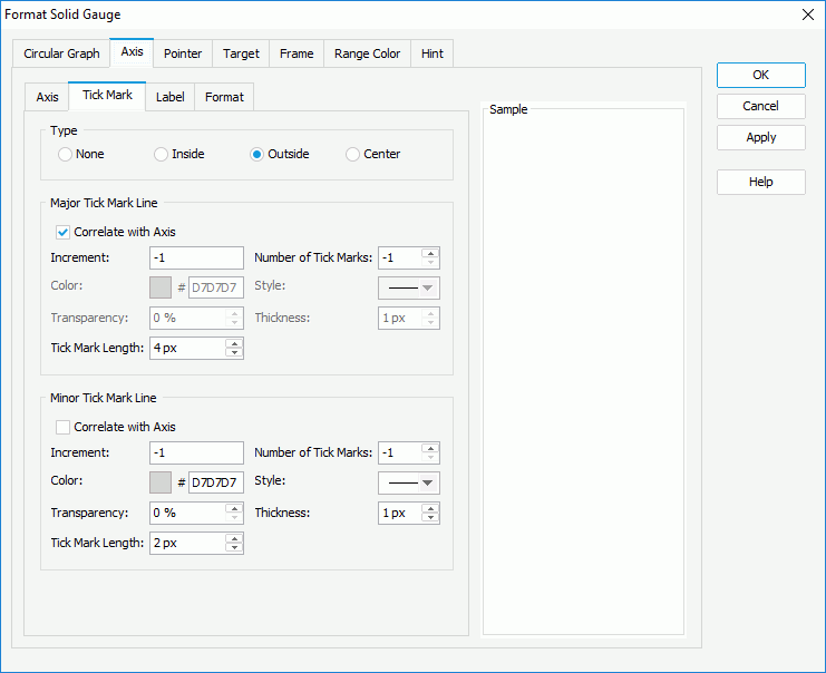 Format Solid Gauge dialog box - Axis - Tick Mark