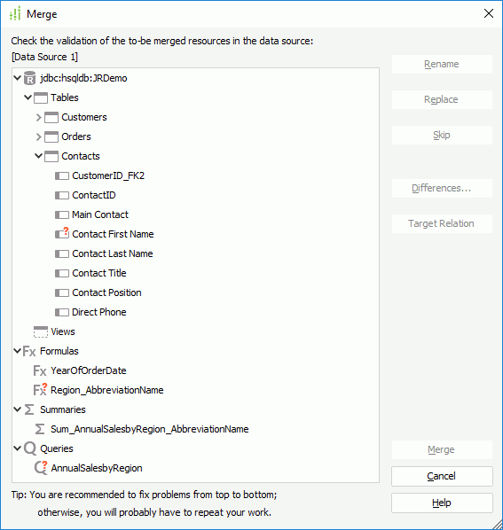 Merge dialog box