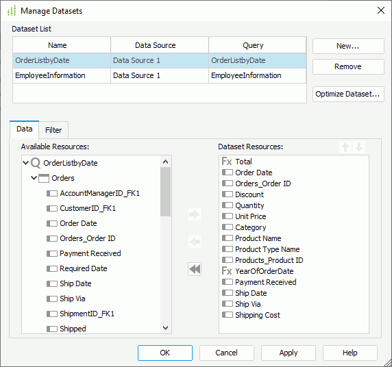 Manage Datasets dialog box