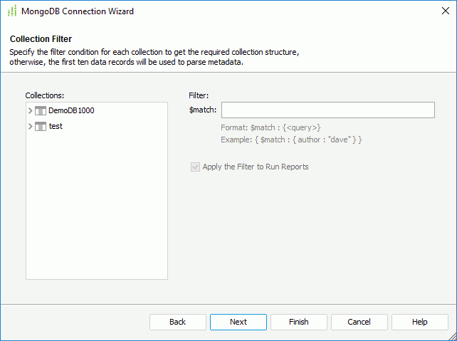 MongoDB Connection Wizard - Collection Filter