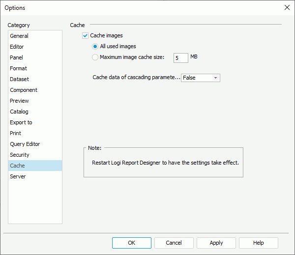 Options dialog box - Cache category