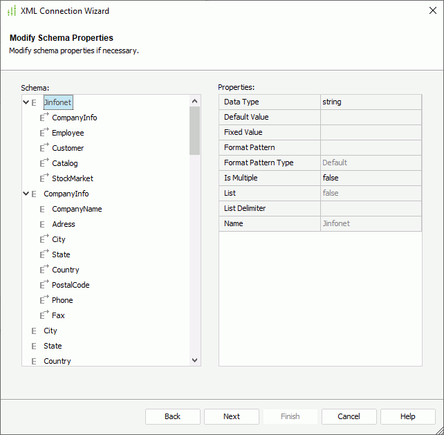 XML Connection Wizard - Modify Schema Properties