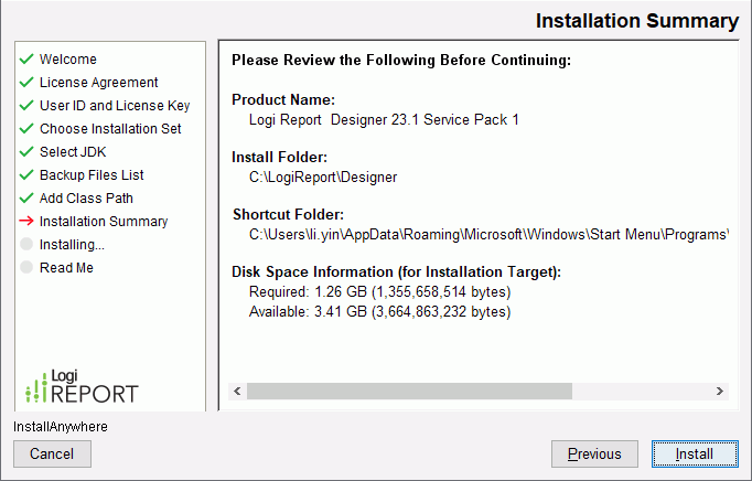 Designer Installation Wizard - Installation Summary screen