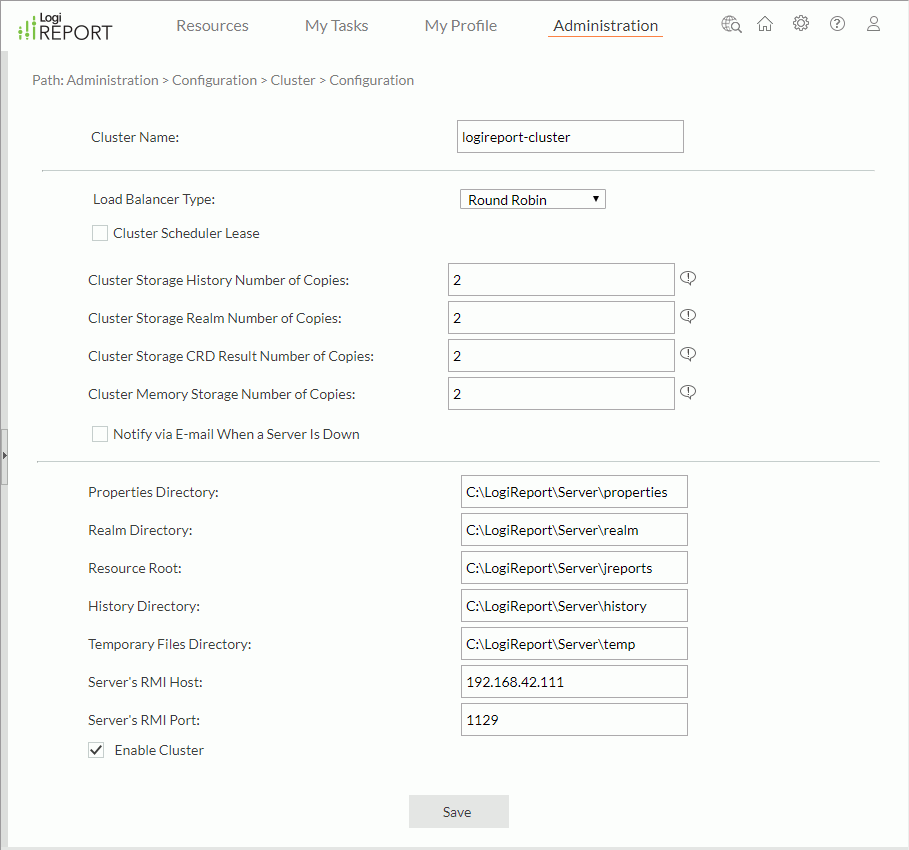 Cluster - Configuration page