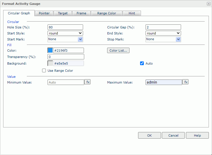 Format Activity Gauge dialog box - Circular Graph