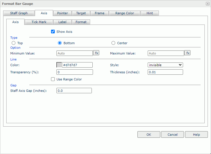 Format Bar Gauge dialog box - Axis - Axis tab