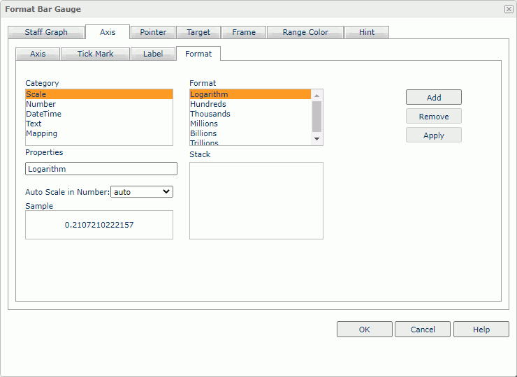 Format Bar Gauge dialog box - Axis - Format