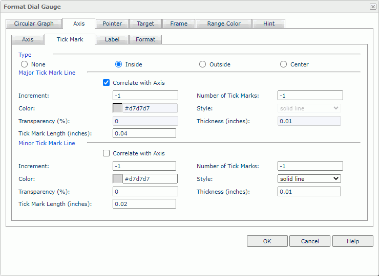 Format Dial Gauge dialog box - Axis - Tick Mark