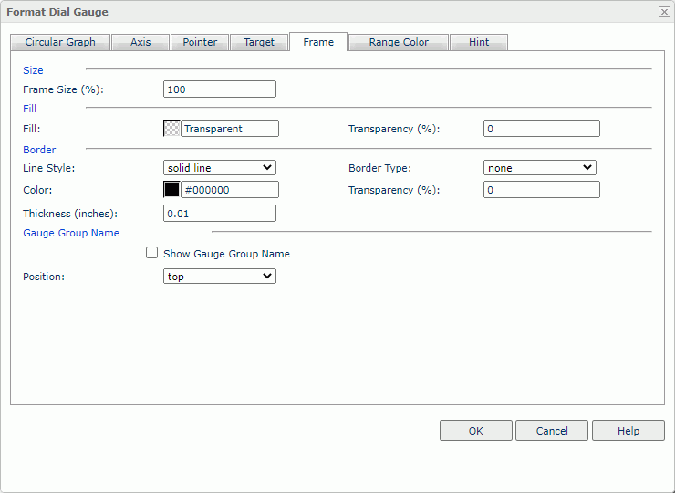 Format Dial Gauge dialog box - Frame