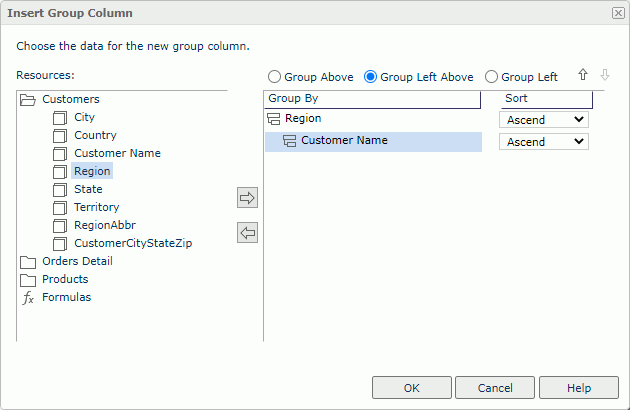 Insert Group Column dialog