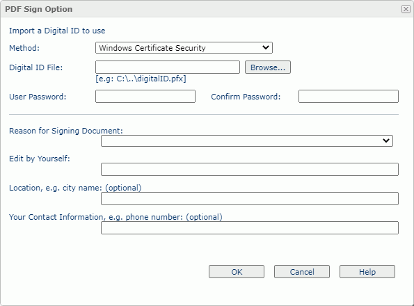 PDF Sign Option dialog box