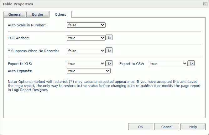 Table Properties dialog box - Others tab