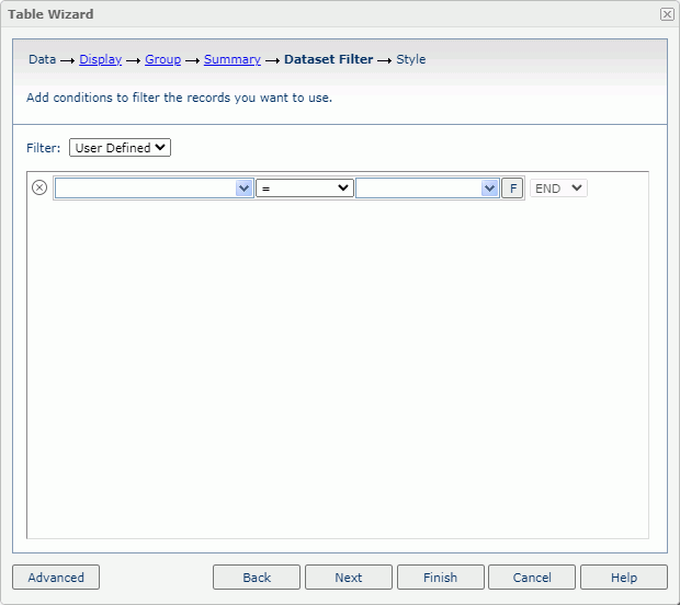 Table Wizard - Dataset Filter screen