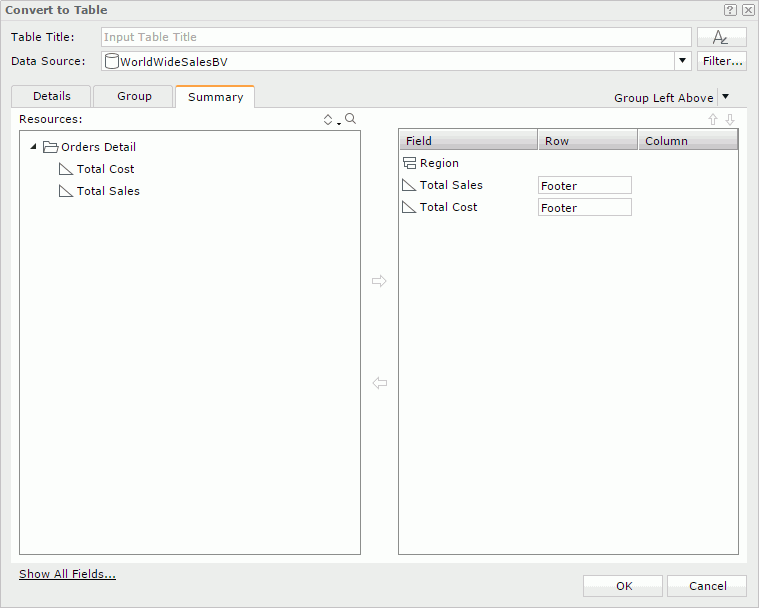 Convert To Table dialog - Summary tab