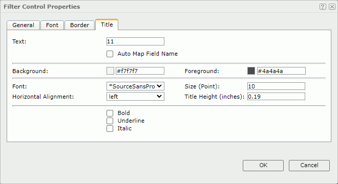 Filter Control Properties dialog - Title tab