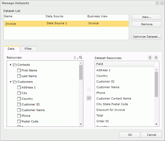 Manage Datasets dialog box