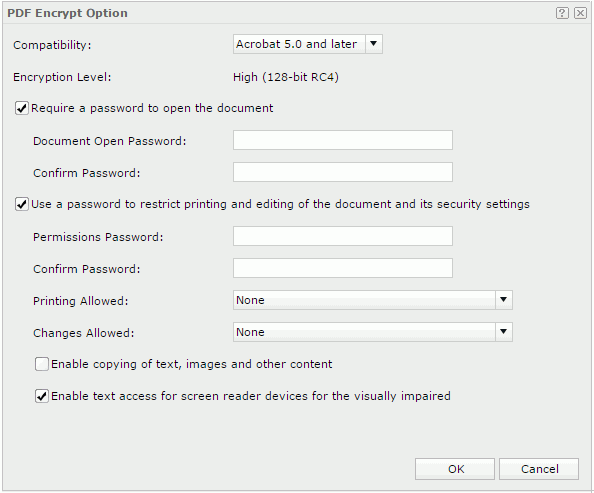 PDF Encrypt Option dialog