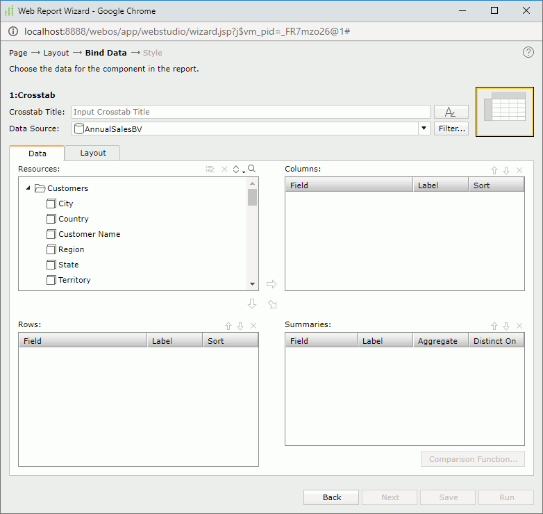 Web Report Wizard - Bind Data screen - Crosstab