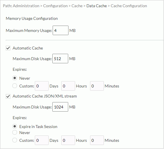 Cache Configuration dialog