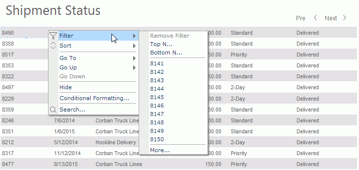 Filter Item Submenu