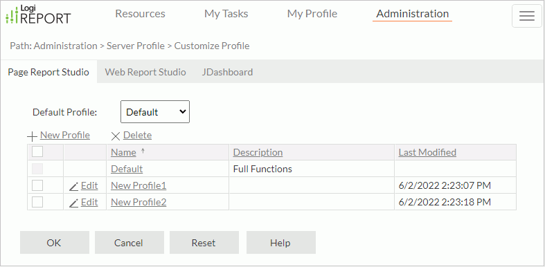 Server Profile - Customize Profile - Page Report Studio